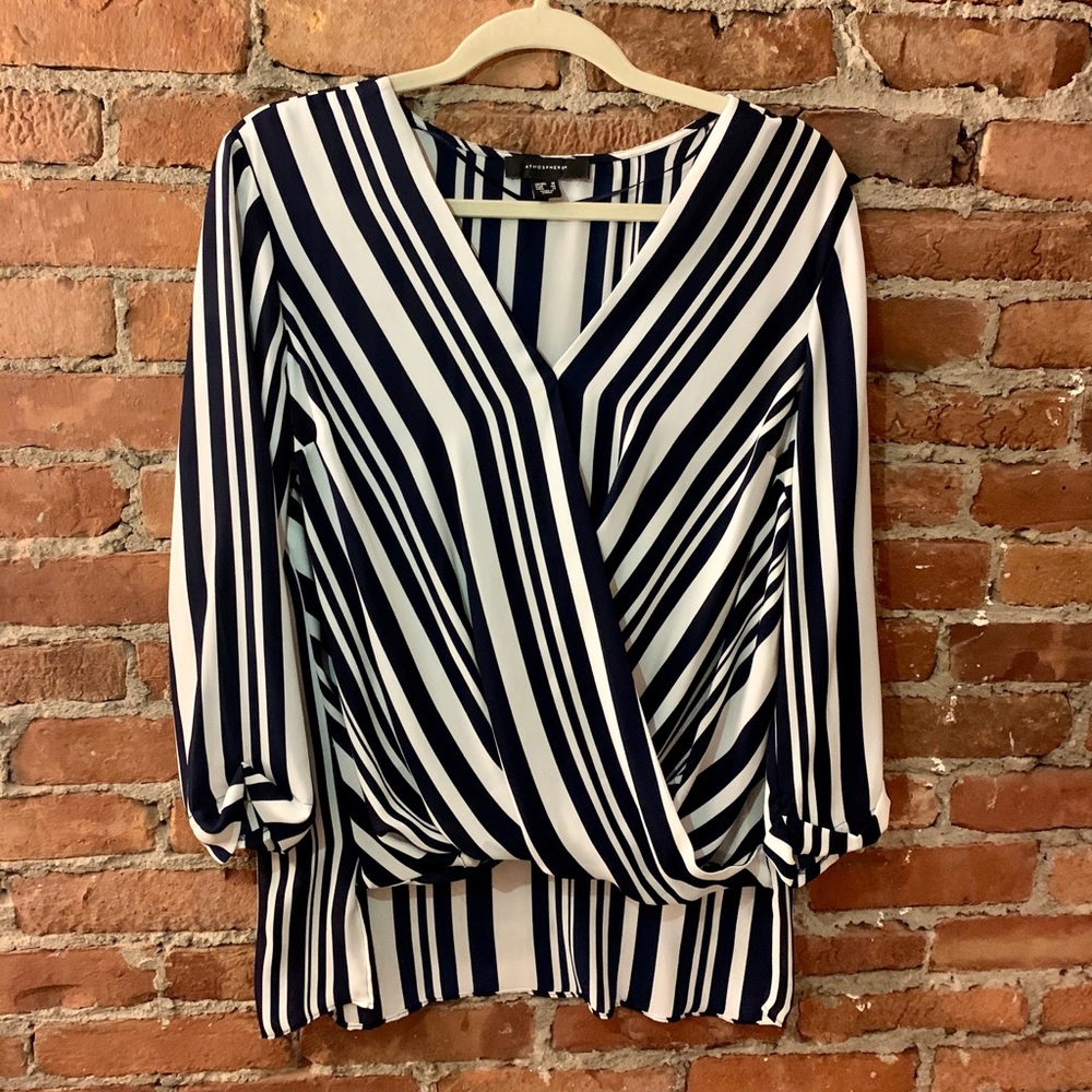 Navy & White Striped High-Low Long Sleeve Blouse